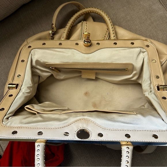Authentic Versace Beige Leather Studded Frame Satchel with Shoulder Strap - Picture 6 of 16
